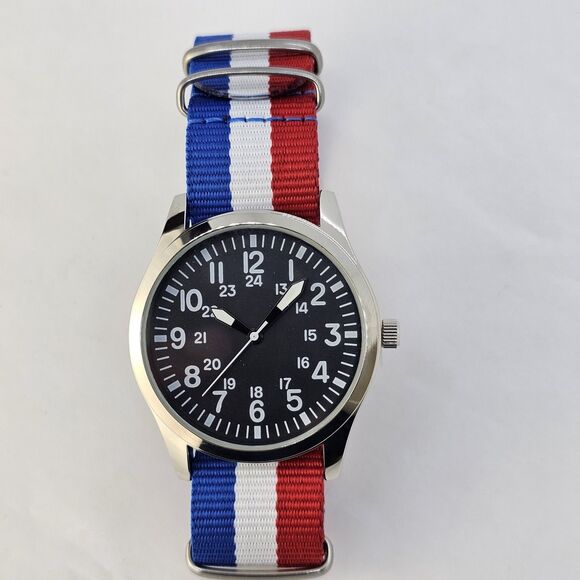 42MM Field Men's Watch Gray Case Black Dial Multicolor Canvas Band Strap - Picture 1 of 13